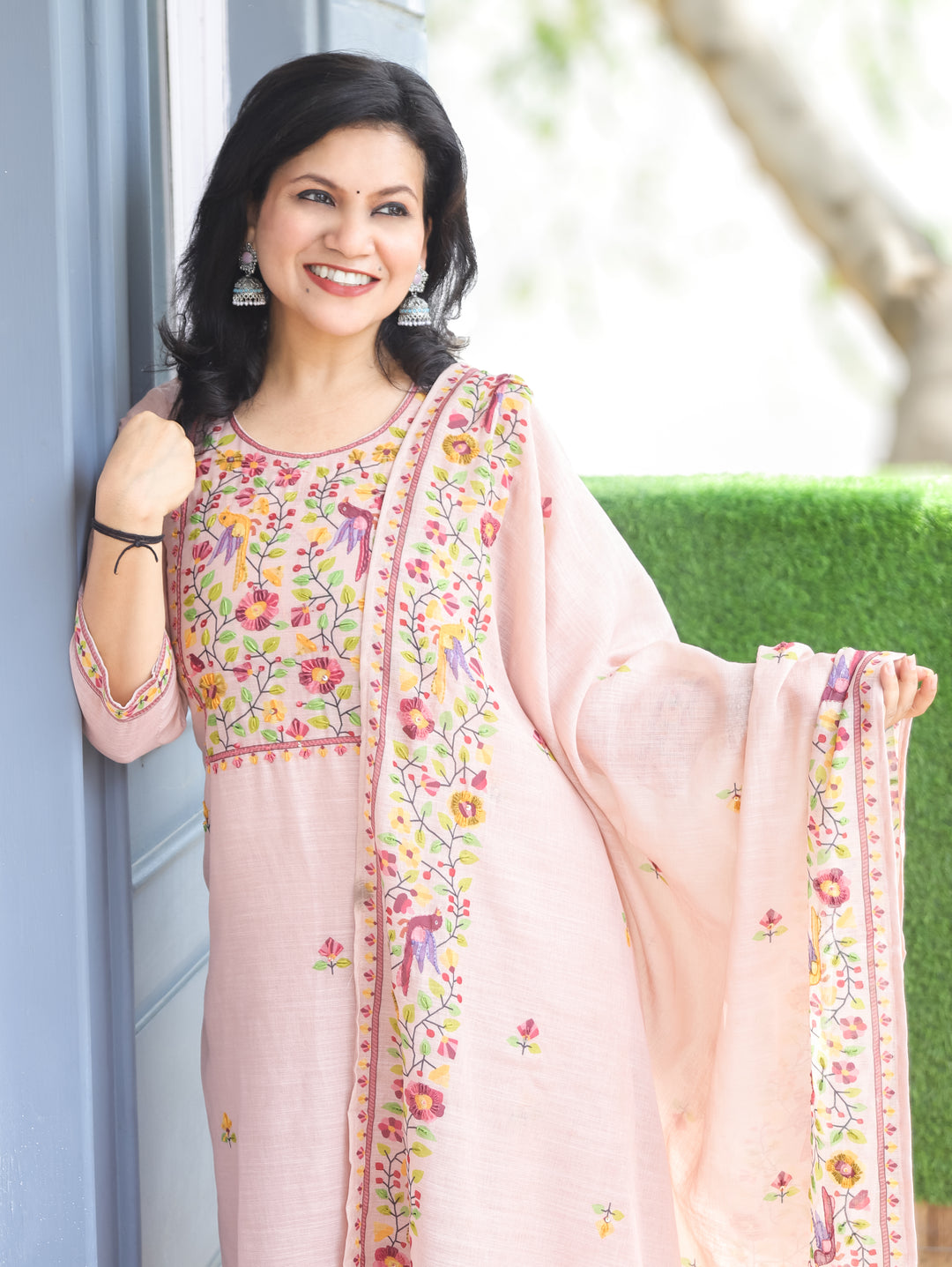 Tira Mauve Pink Hand Embroidery Mul Chanderi 3 Piece Set