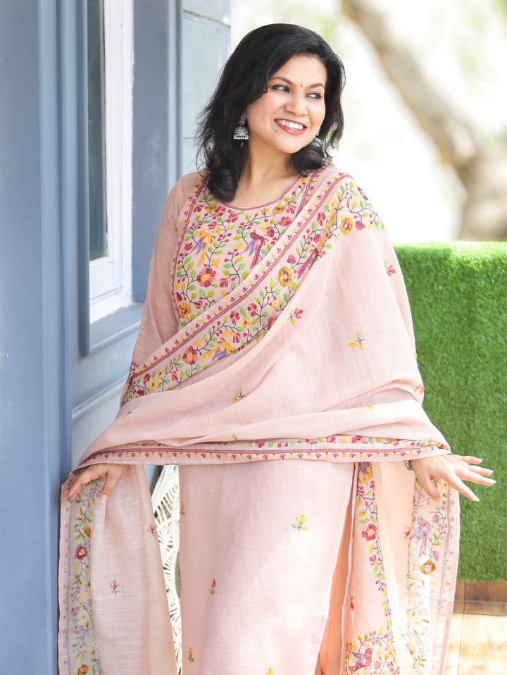 Tira Mauve Pink Hand Embroidery Mul Chanderi 3 Piece Set