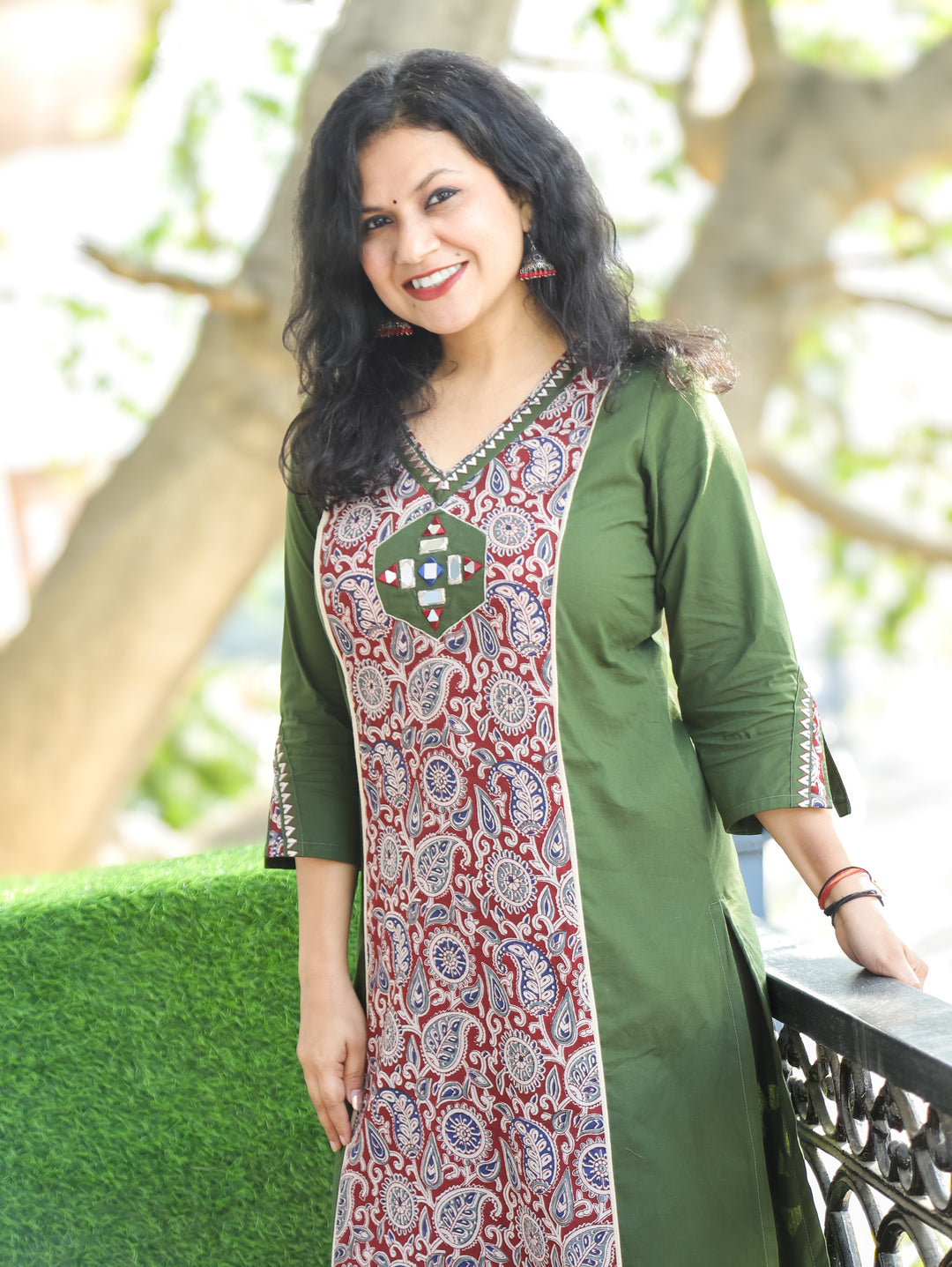 Adikriti Pine Green V Neck with Mirror Paisley Printed Panel Style Cotton Kurti