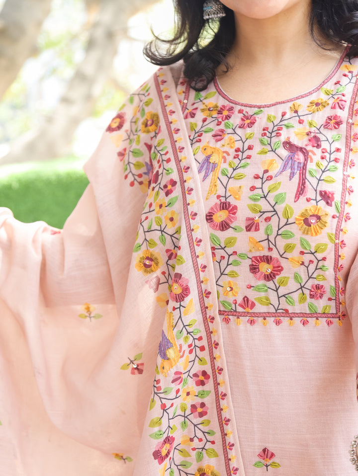 Tira Mauve Pink Hand Embroidery Mul Chanderi 3 Piece Set
