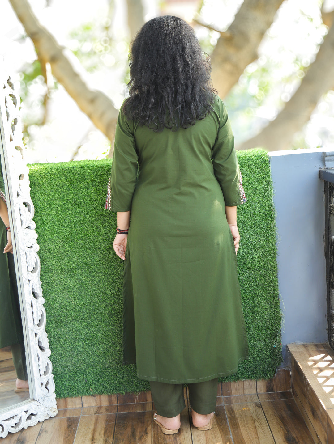 Adikriti Pine Green V Neck with Mirror Paisley Printed Panel Style Cotton Kurti