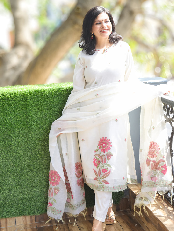 Flora White with Pink Jamdani 3 Piece Set
