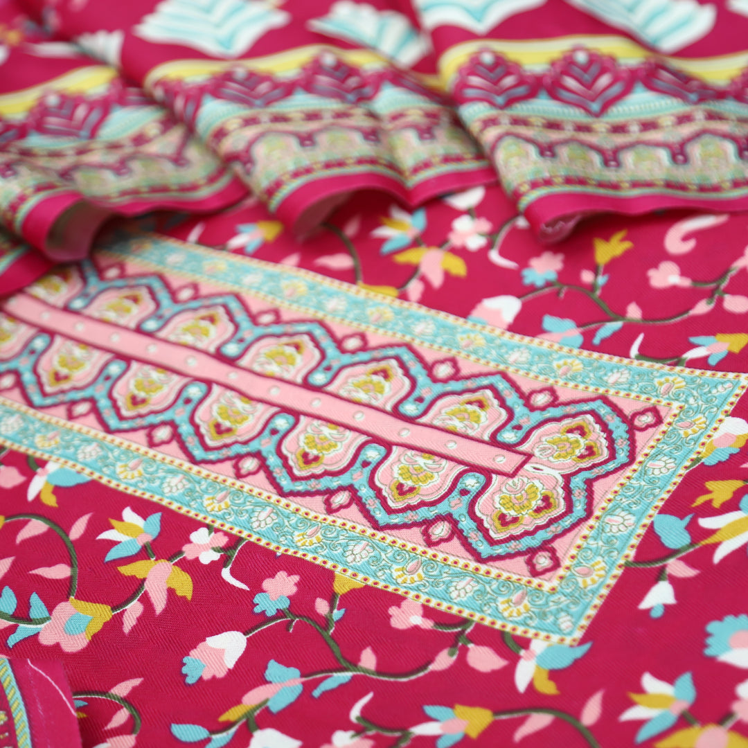 Mahira Magenta Pink Digital Kanni Printed Semi Pashmina Winter Set