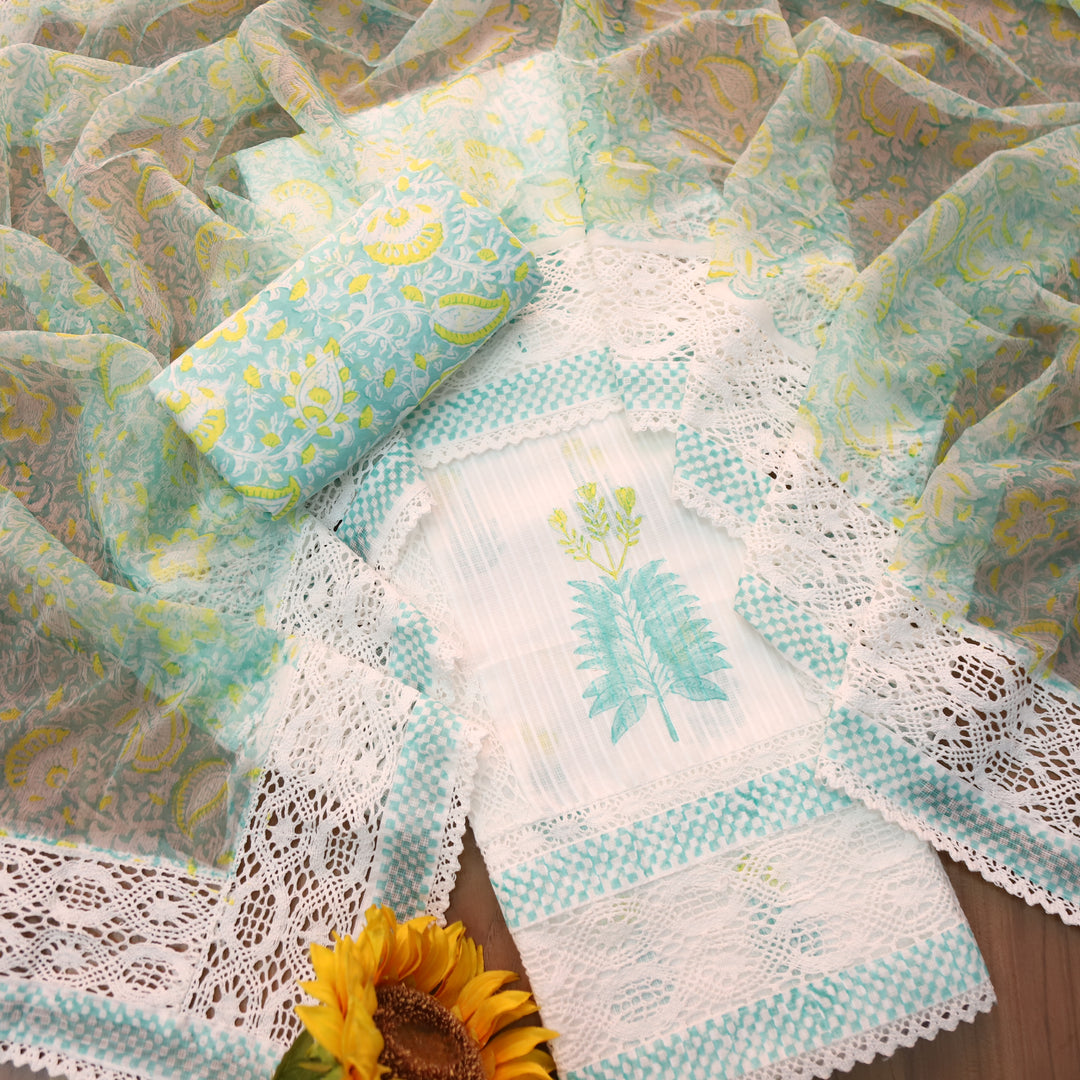 Keher White with Teal Floral Printed Embroidered Kota Doriya Suit Set