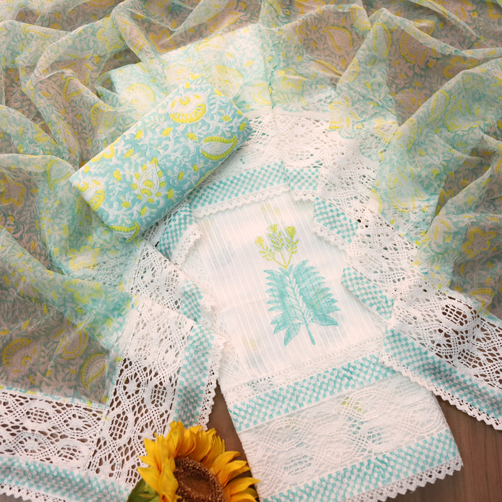Keher White with Teal Floral Printed Embroidered Kota Doriya Suit Set