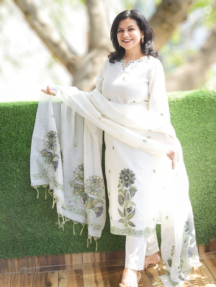 Flora White with Green Jamdani 3 Piece Set