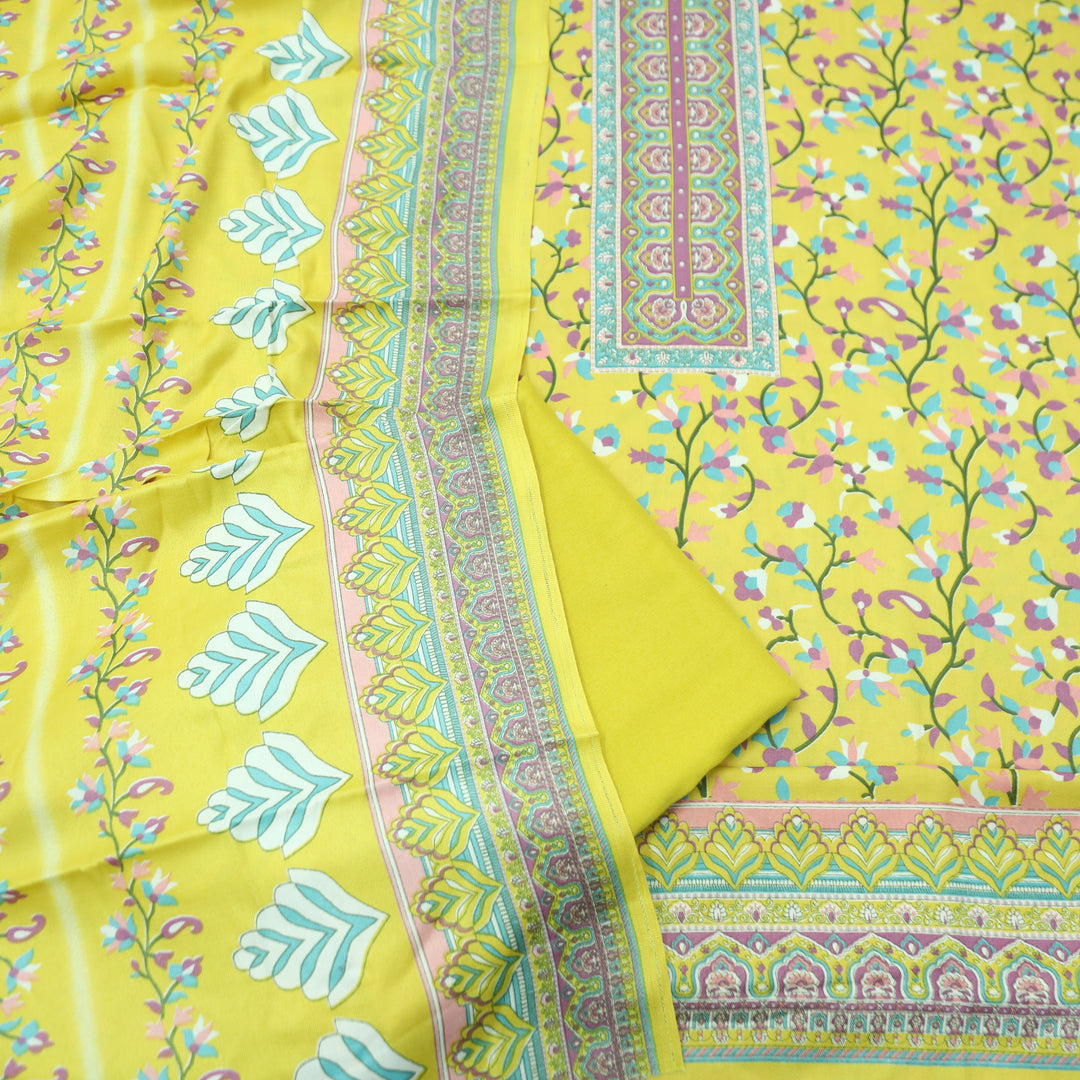 Mahira Corn Yellow Digital Kanni Printed Semi Pashmina Winter Set
