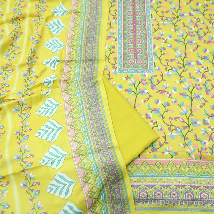 Mahira Corn Yellow Digital Kanni Printed Semi Pashmina Winter Set
