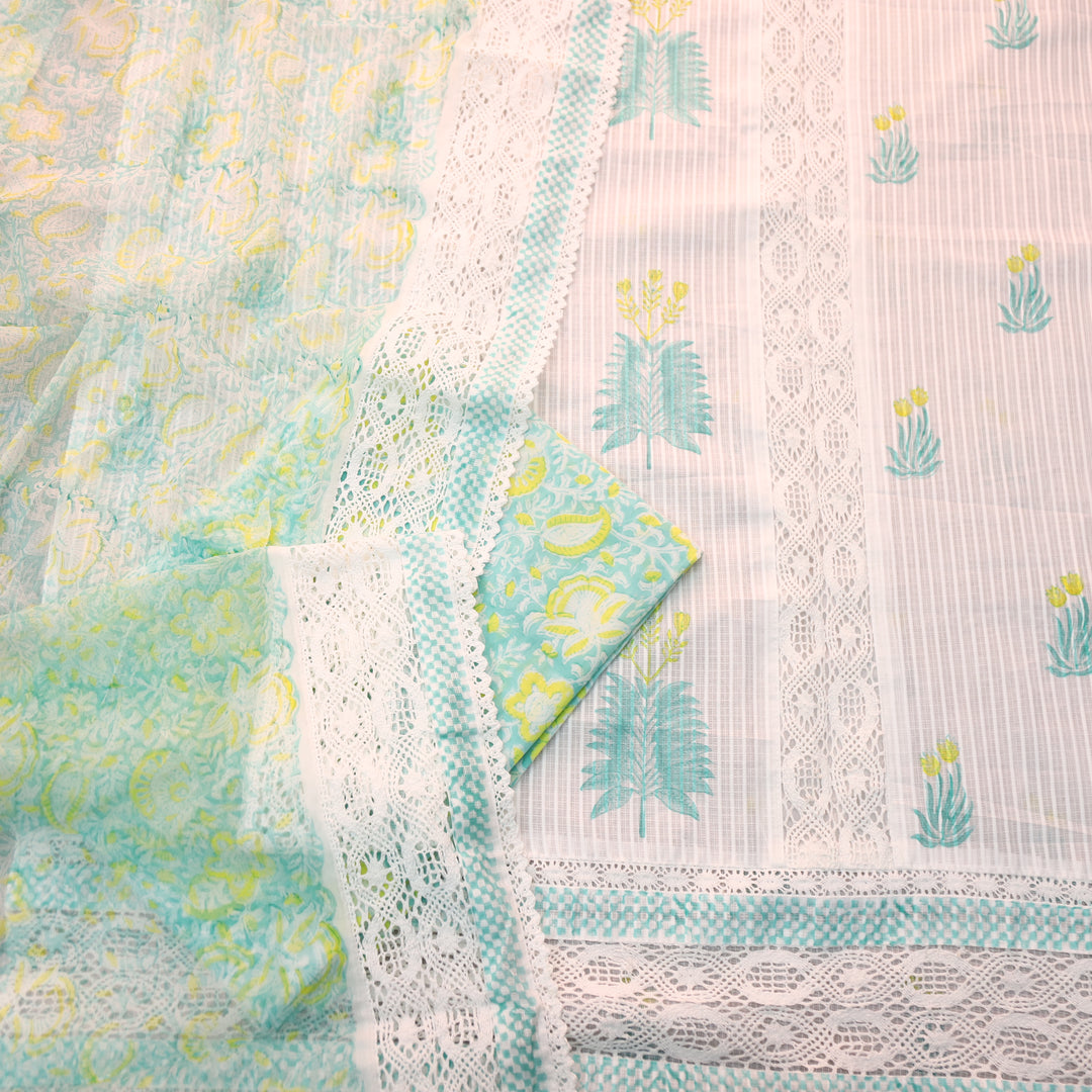 Keher White with Teal Floral Printed Embroidered Kota Doriya Suit Set