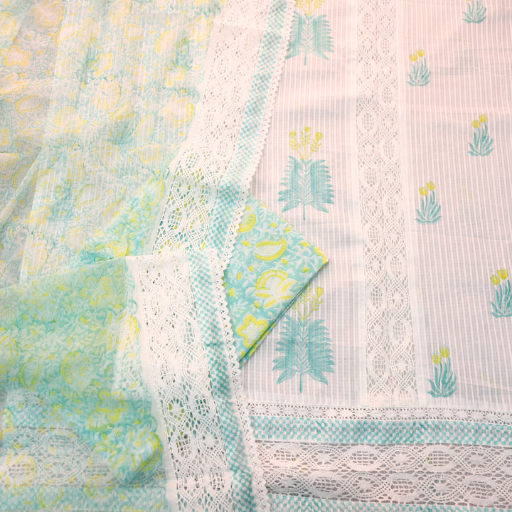 Keher White with Teal Floral Printed Embroidered Kota Doriya Suit Set