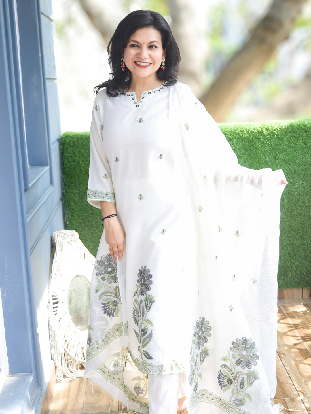 Flora White with Green Jamdani 3 Piece Set