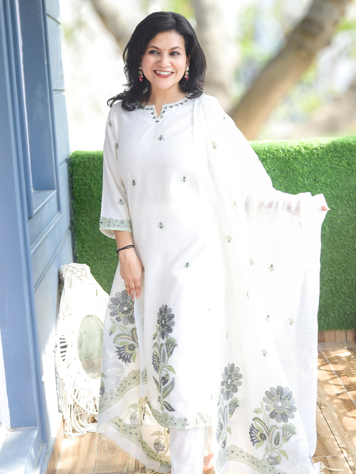 Flora White with Green Jamdani 3 Piece Set