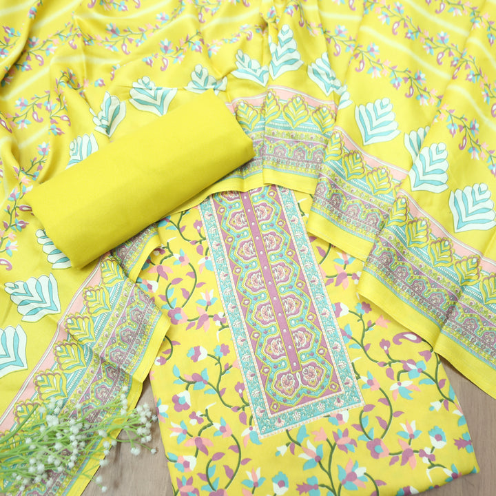 Mahira Corn Yellow Digital Kanni Printed Semi Pashmina Winter Set