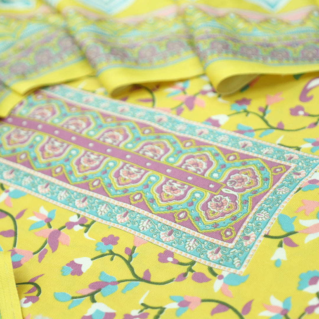 Mahira Corn Yellow Digital Kanni Printed Semi Pashmina Winter Set