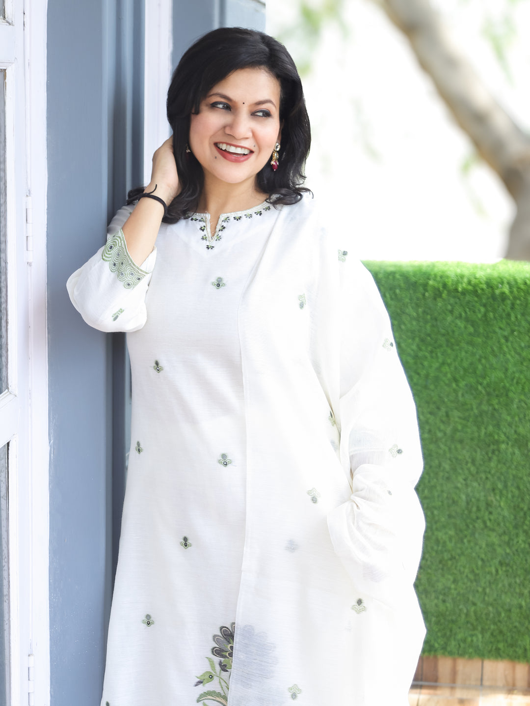 Flora White with Green Jamdani 3 Piece Set