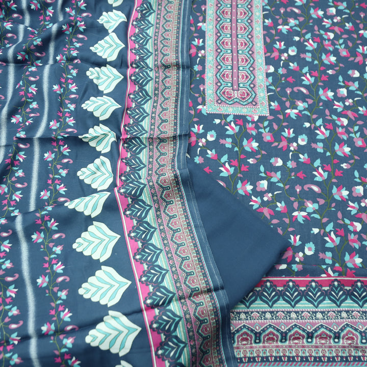 Mahira Navy Blue Digital Kanni Printed Semi Pashmina Winter Set