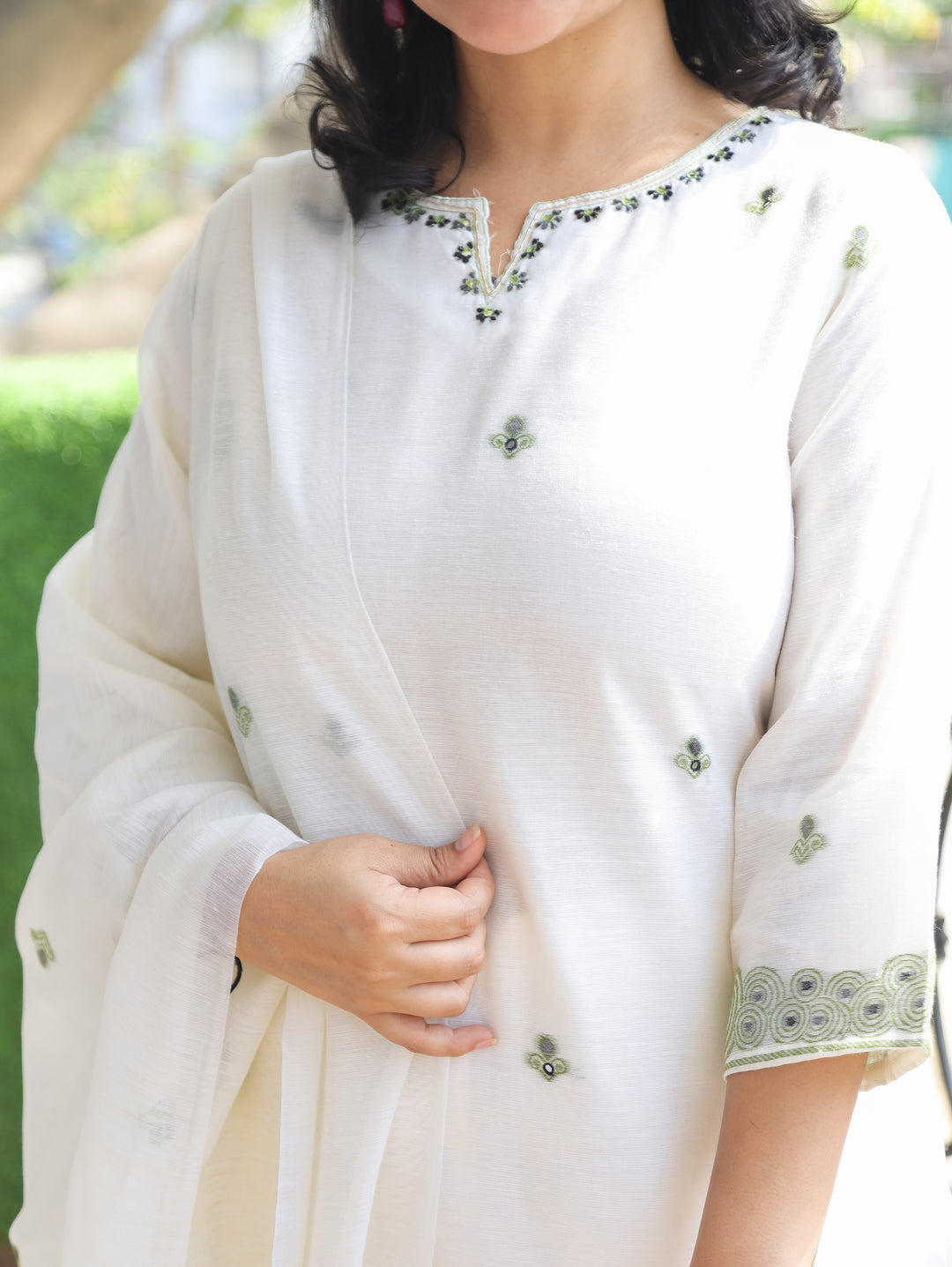Flora White with Green Jamdani 3 Piece Set