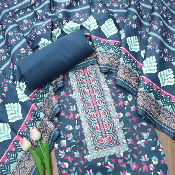 Mahira Navy Blue Digital Kanni Printed Semi Pashmina Winter Set