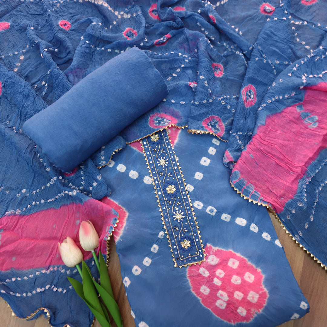 Bilori Amber Blue Lace Patch Authentic Bandhej Work Cotton Suit Set