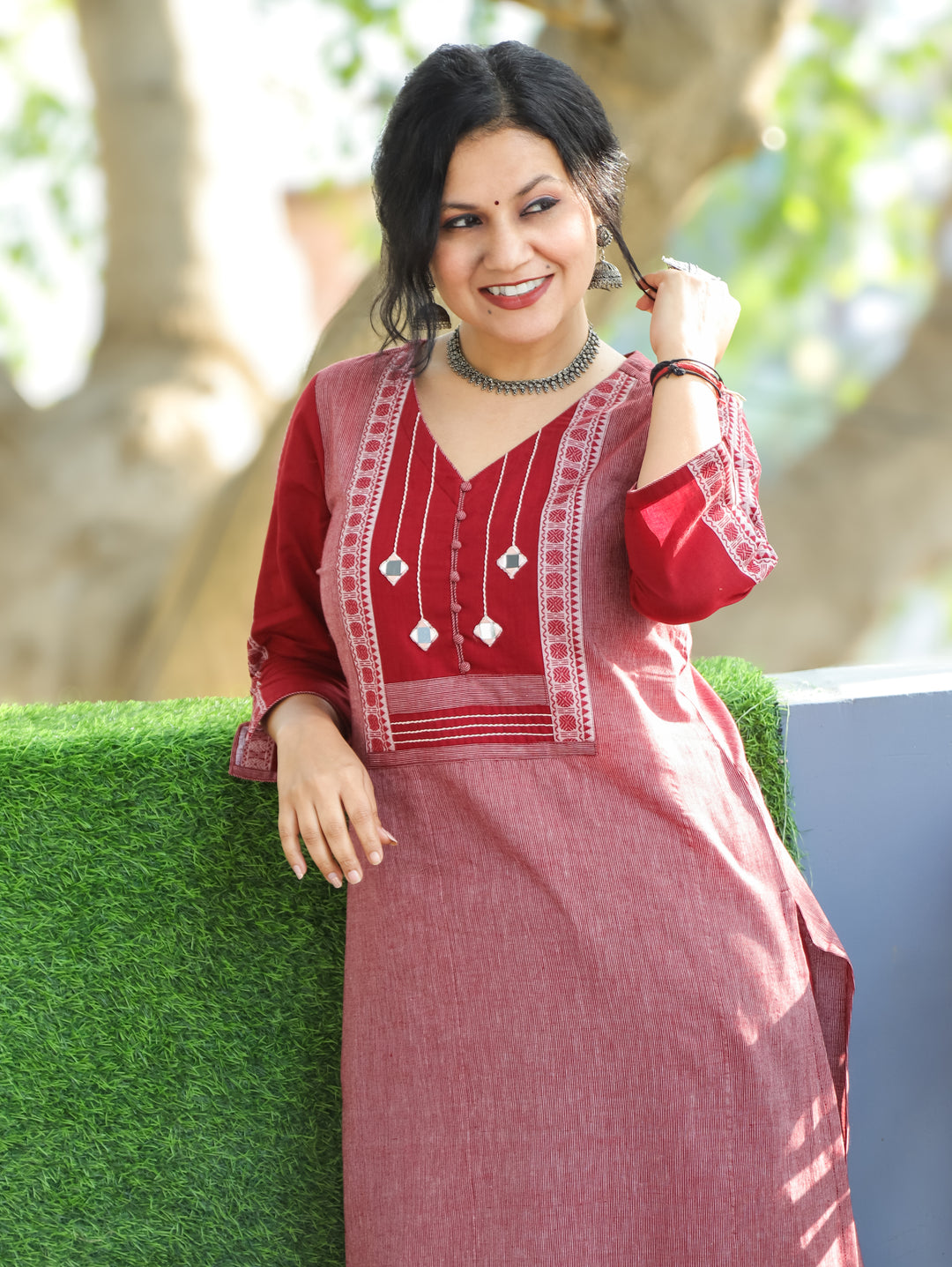 Saundraya Cherry Red Mirror with Potli Button Work Yoke South Cotton Kurti