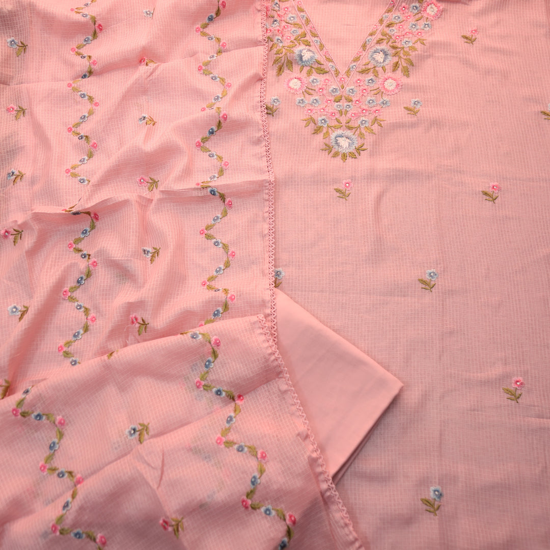 Gulbahar Soft Peach Floral Thread Neck Work Kota Doriya Suit Set