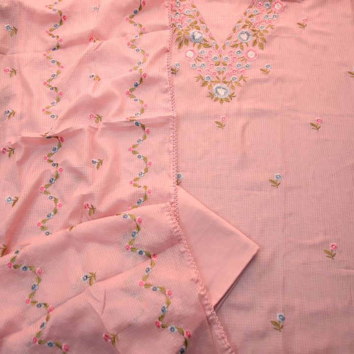 Gulbahar Soft Peach Floral Thread Neck Work Kota Doriya Suit Set