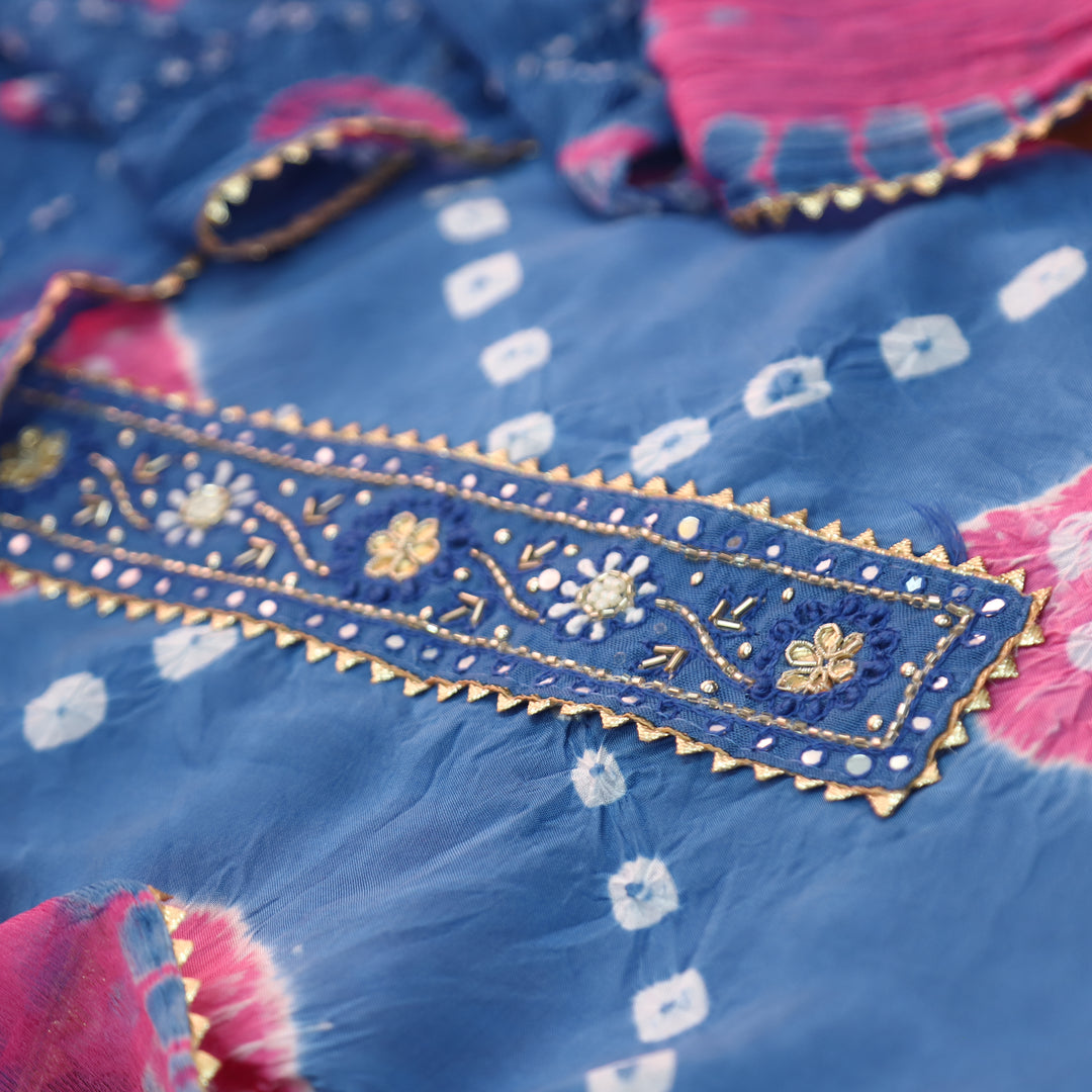 Bilori Amber Blue Lace Patch Authentic Bandhej Work Cotton Suit Set
