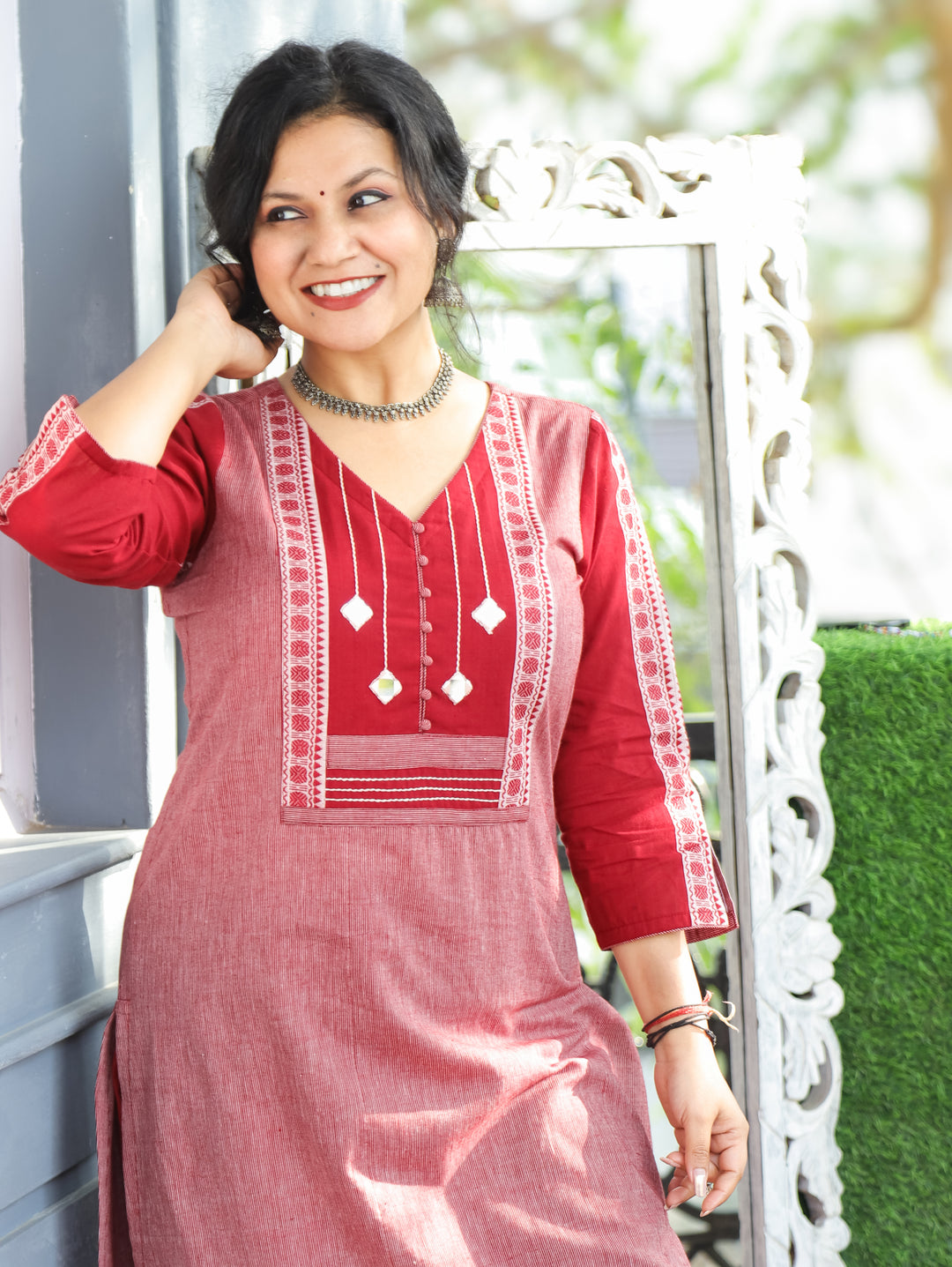 Saundraya Cherry Red Mirror with Potli Button Work Yoke South Cotton Kurti