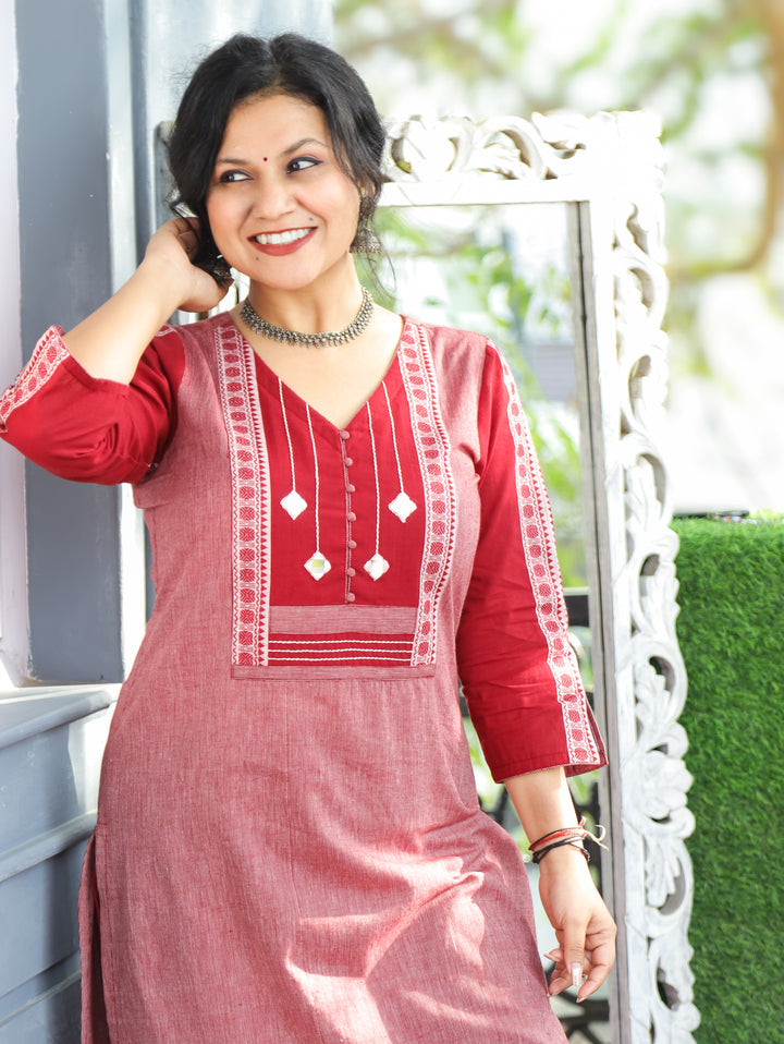 Saundraya Cherry Red Mirror with Potli Button Work Yoke South Cotton Kurti