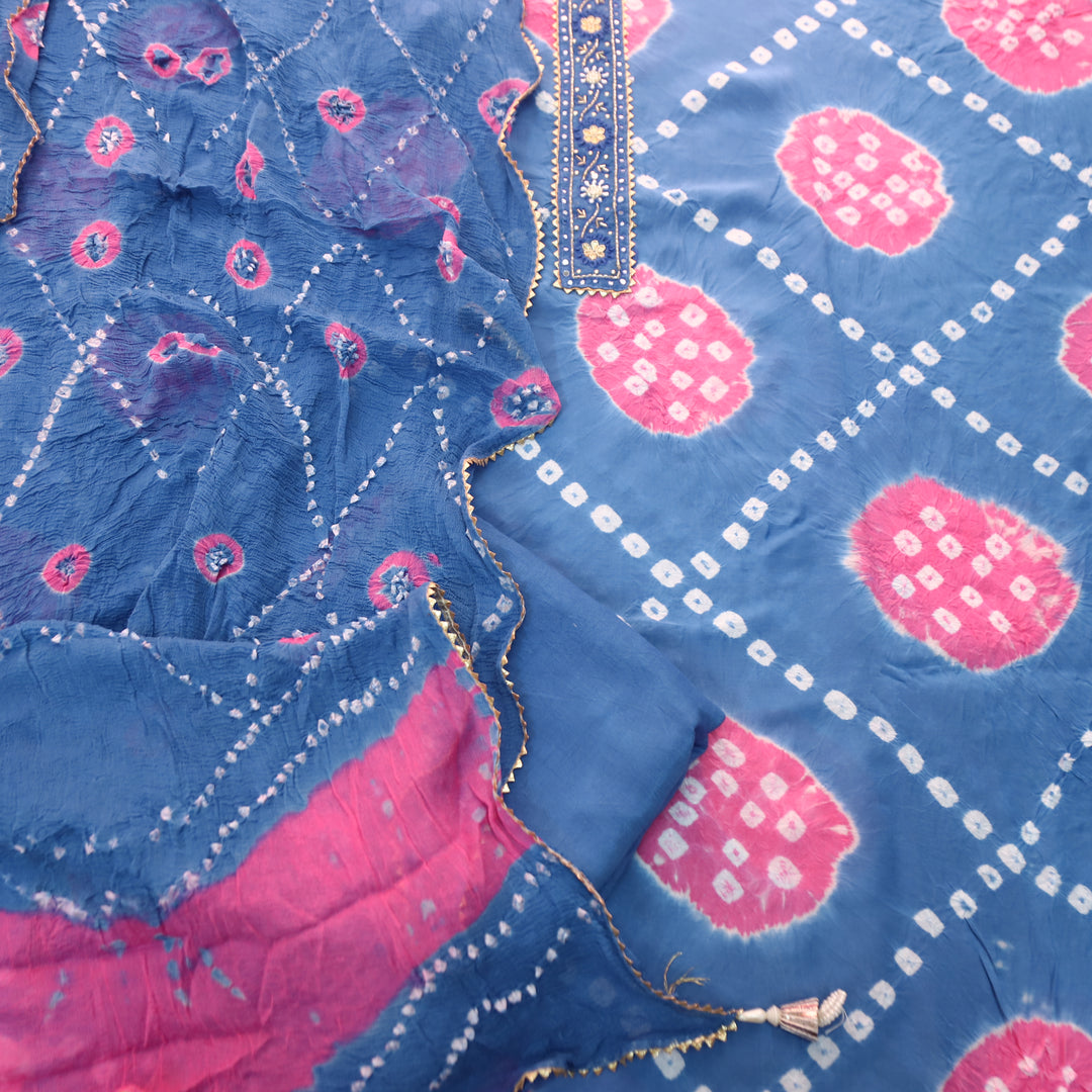 Bilori Amber Blue Lace Patch Authentic Bandhej Work Cotton Suit Set