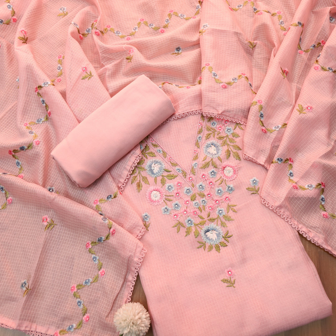 Gulbahar Soft Peach Floral Thread Neck Work Kota Doriya Suit Set