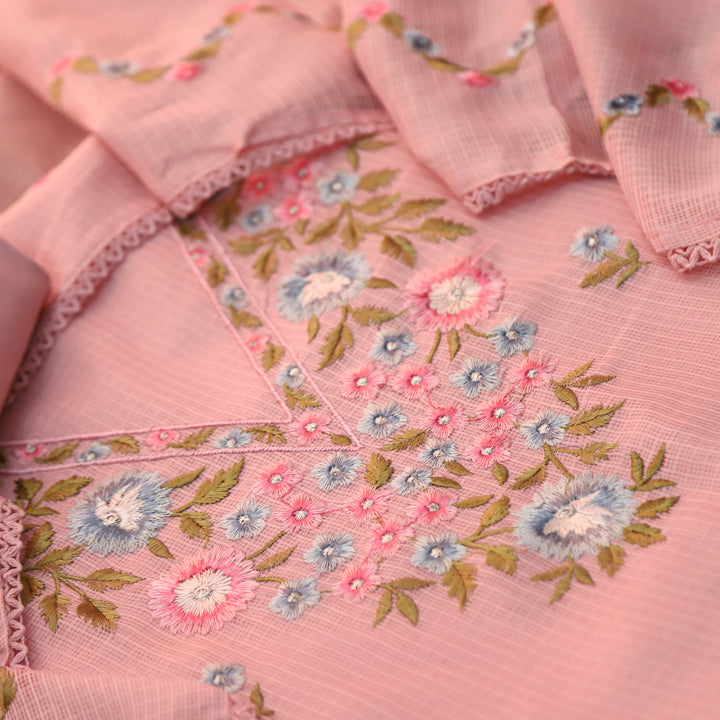 Gulbahar Soft Peach Floral Thread Neck Work Kota Doriya Suit Set