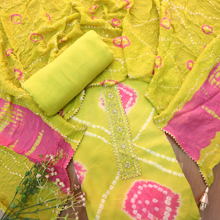 Bilori Mint Green Lace Patch Authentic Bandhej Work Cotton Suit Set