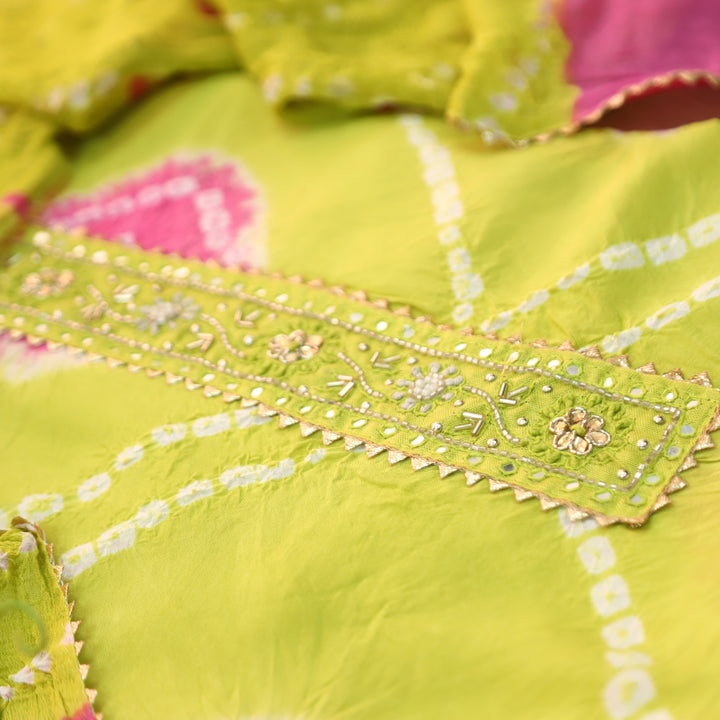 Bilori Mint Green Lace Patch Authentic Bandhej Work Cotton Suit Set