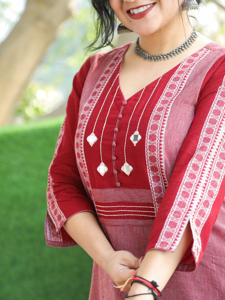 Saundraya Cherry Red Mirror with Potli Button Work Yoke South Cotton Kurti