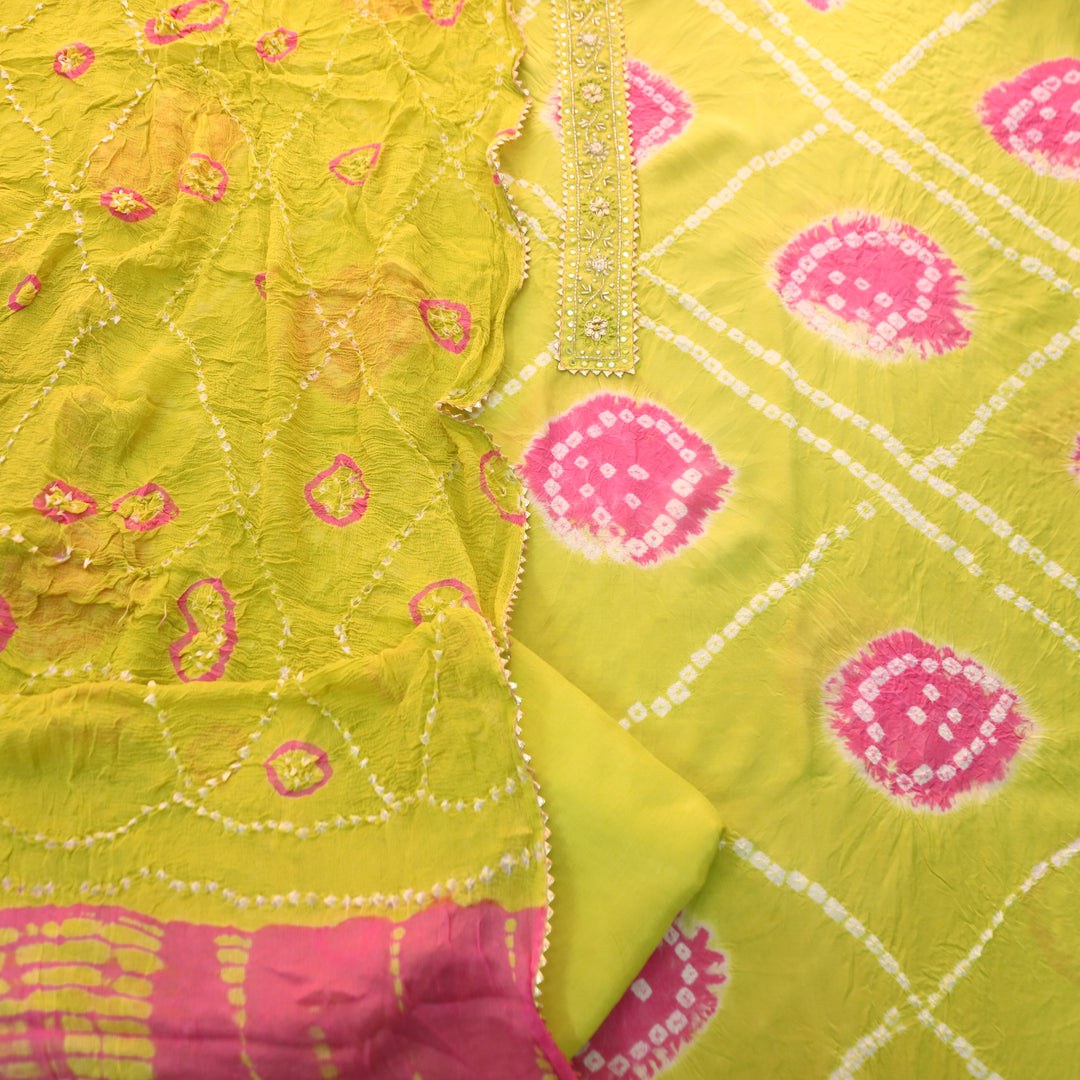 Bilori Mint Green Lace Patch Authentic Bandhej Work Cotton Suit Set