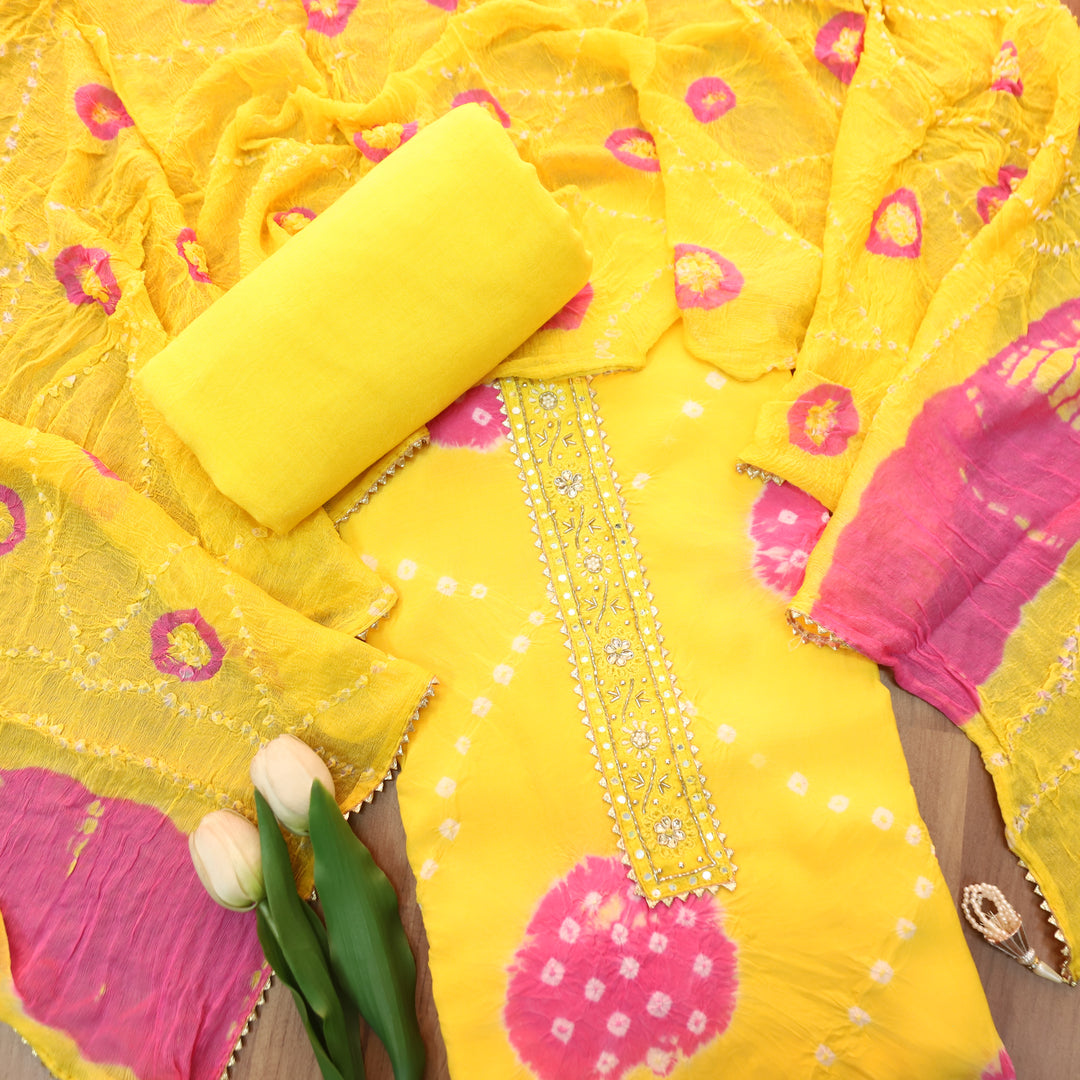 Bilori Corn Yellow Lace Patch Authentic Bandhej Work Cotton Suit Set