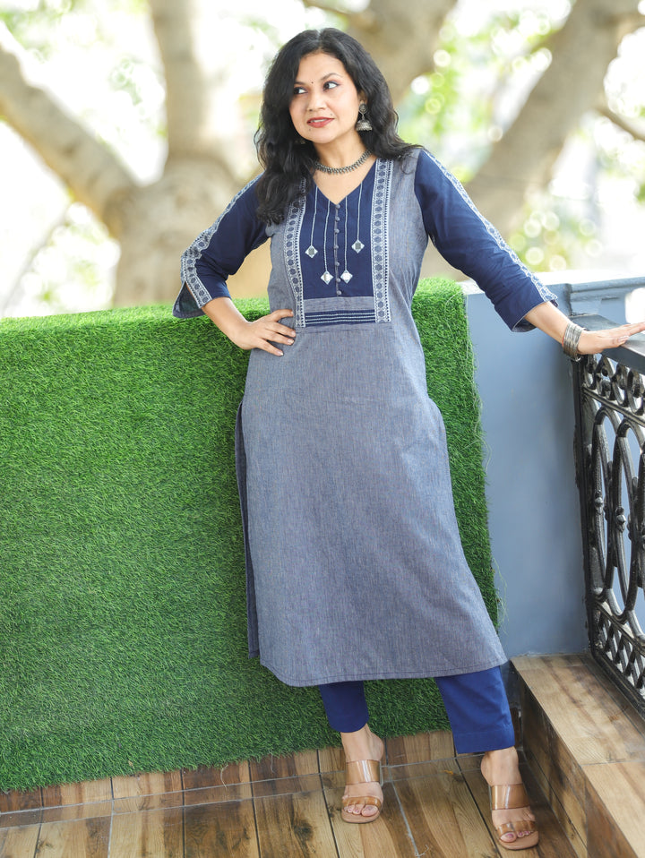 Saundraya Denim Blue Mirror with Potli Button Work Yoke South Cotton Kurti