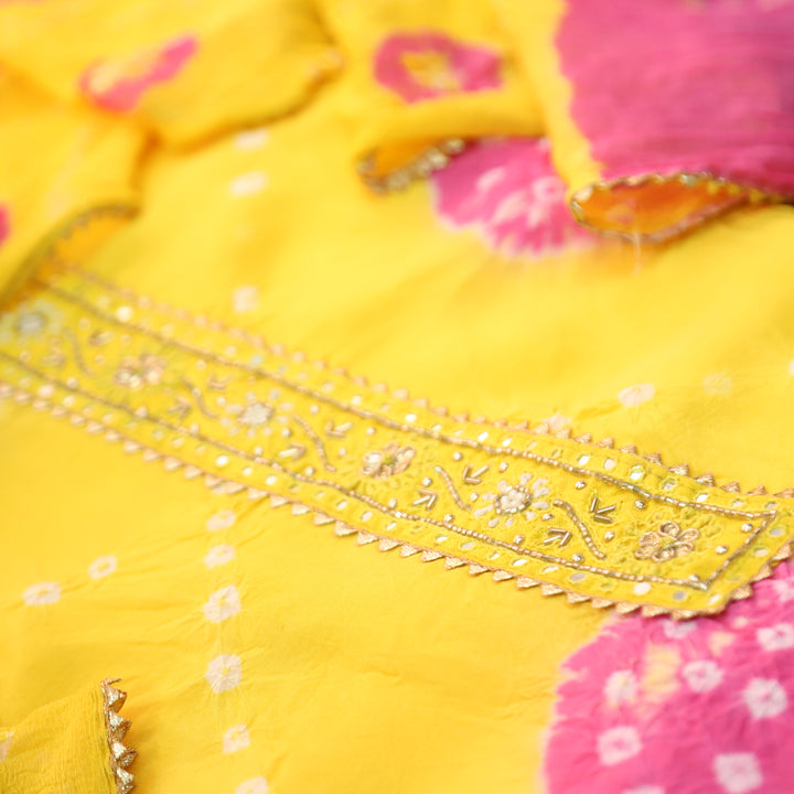 Bilori Corn Yellow Lace Patch Authentic Bandhej Work Cotton Suit Set
