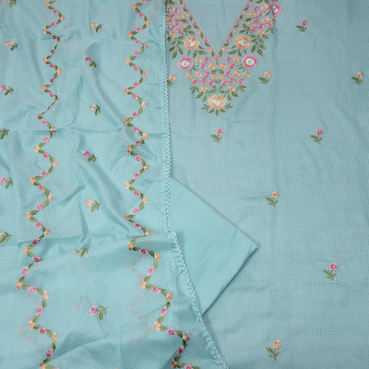 Gulbahar Azure Blue Floral Thread Neck Work Kota Doriya Suit Set