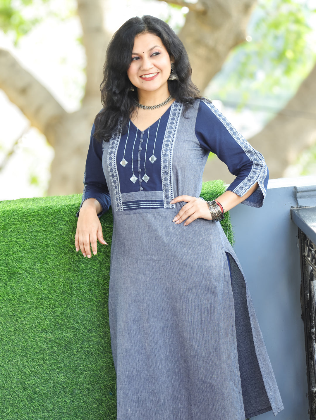 Saundraya Denim Blue Mirror with Potli Button Work Yoke South Cotton Kurti