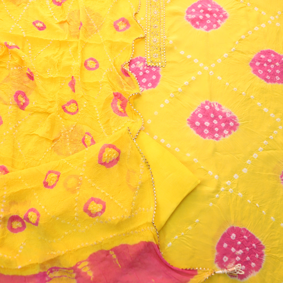 Bilori Corn Yellow Lace Patch Authentic Bandhej Work Cotton Suit Set