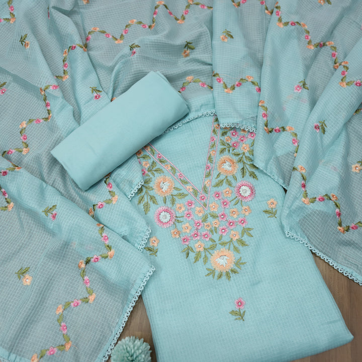 Gulbahar Azure Blue Floral Thread Neck Work Kota Doriya Suit Set