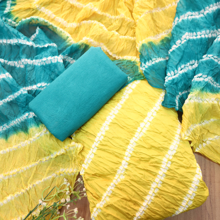 Leher Corn Yellow Leheriya Printed Authentic Bandhej Cotton Satin Set