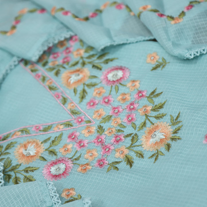 Gulbahar Azure Blue Floral Thread Neck Work Kota Doriya Suit Set