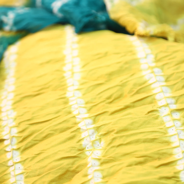 Leher Corn Yellow Leheriya Printed Authentic Bandhej Cotton Satin Set