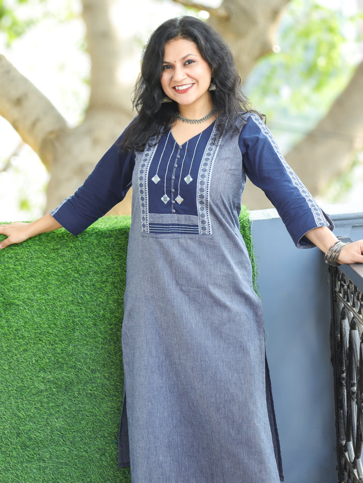 Saundraya Denim Blue Mirror with Potli Button Work Yoke South Cotton Kurti
