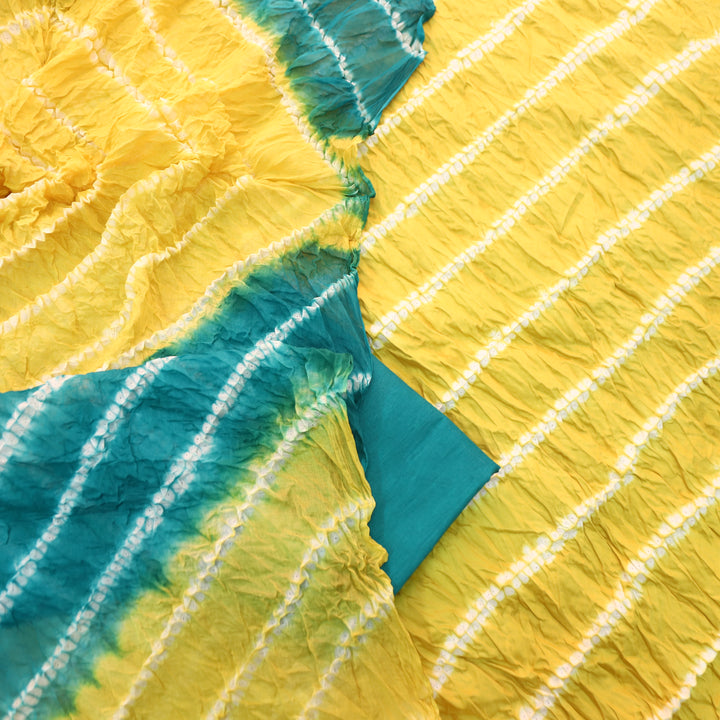 Leher Corn Yellow Leheriya Printed Authentic Bandhej Cotton Satin Set