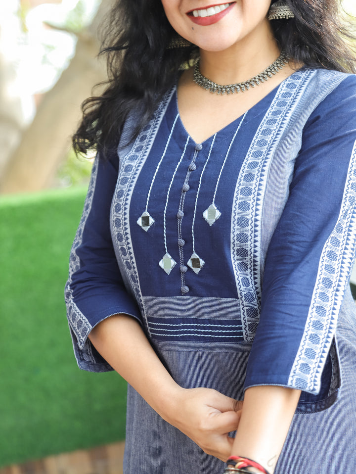 Saundraya Denim Blue Mirror with Potli Button Work Yoke South Cotton Kurti