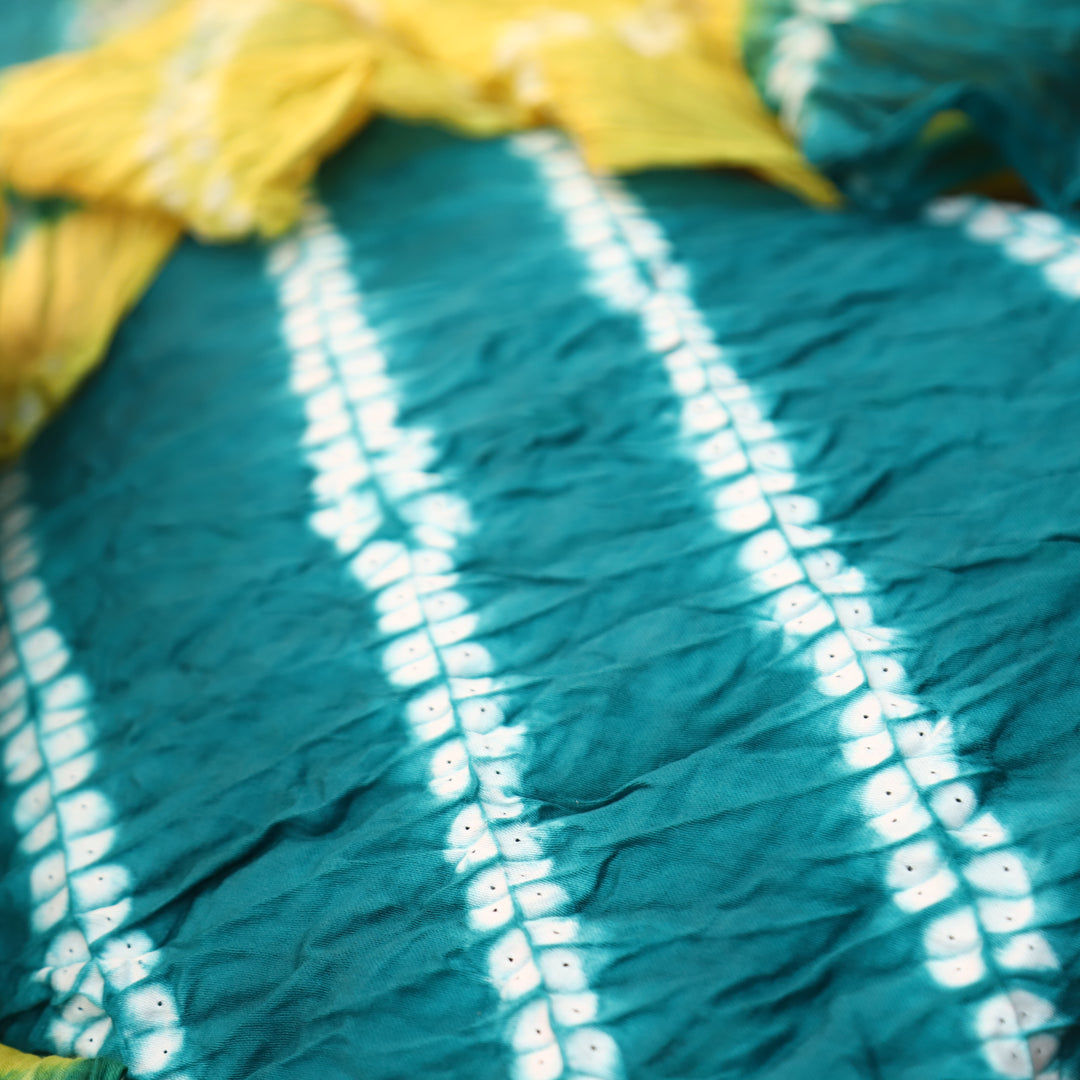 Leher Aqua Teal Leheriya Printed Authentic Bandhej Cotton Satin Set